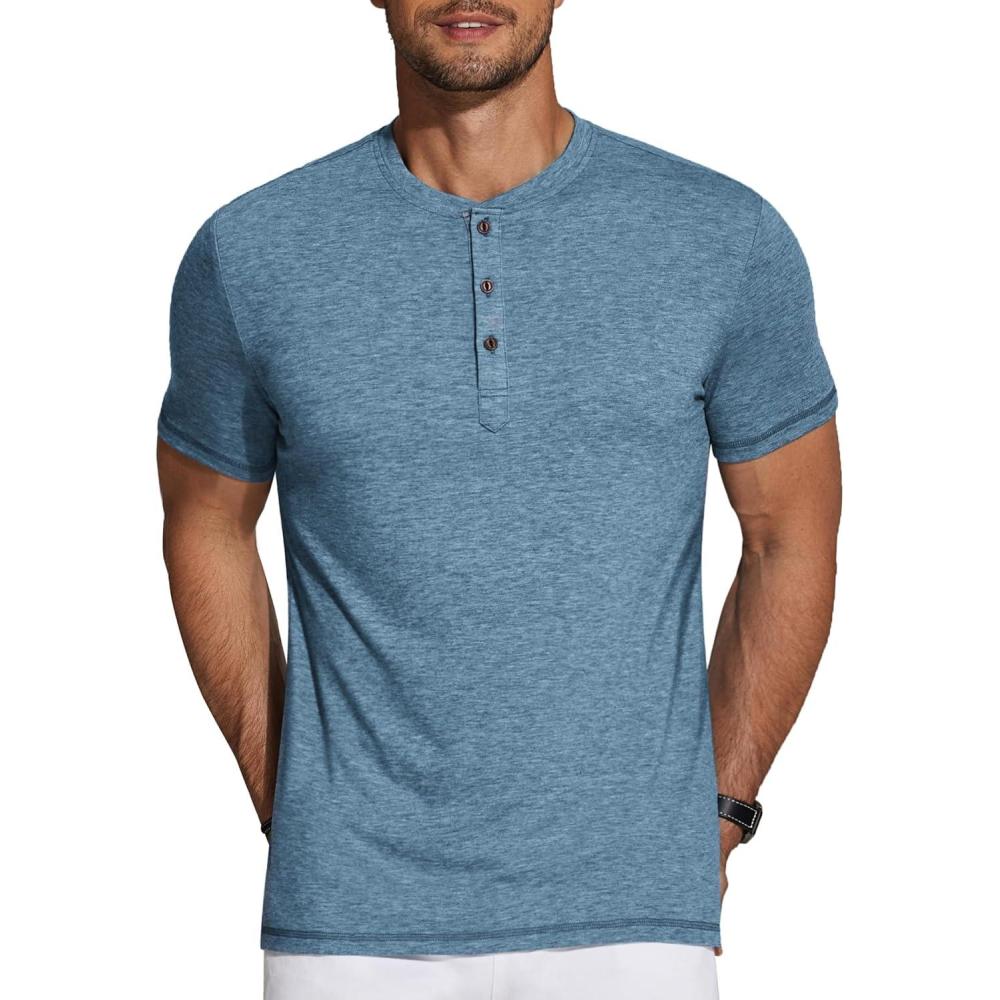 imageCOOFANDY Mens Henley Shirts Short Sleeve Casual Basic Tee Summer Button Henley Soild T ShirtsDark Blue