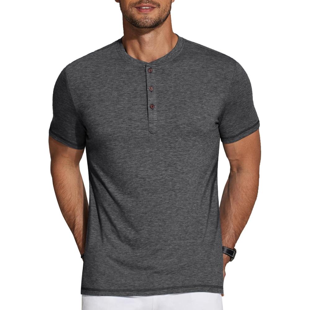 imageCOOFANDY Mens Henley Shirts Short Sleeve Casual Basic Tee Summer Button Henley Soild T ShirtsDark Grey