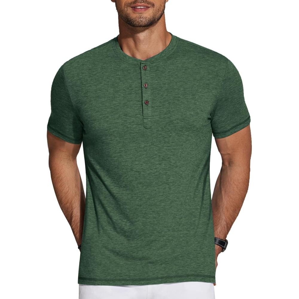 imageCOOFANDY Mens Henley Shirts Short Sleeve Casual Basic Tee Summer Button Henley Soild T ShirtsGreen
