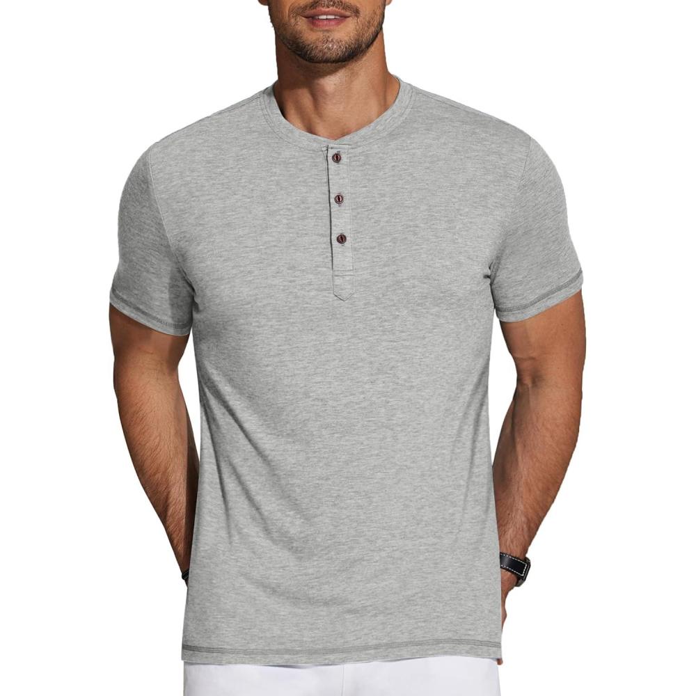imageCOOFANDY Mens Henley Shirts Short Sleeve Casual Basic Tee Summer Button Henley Soild T ShirtsGrey