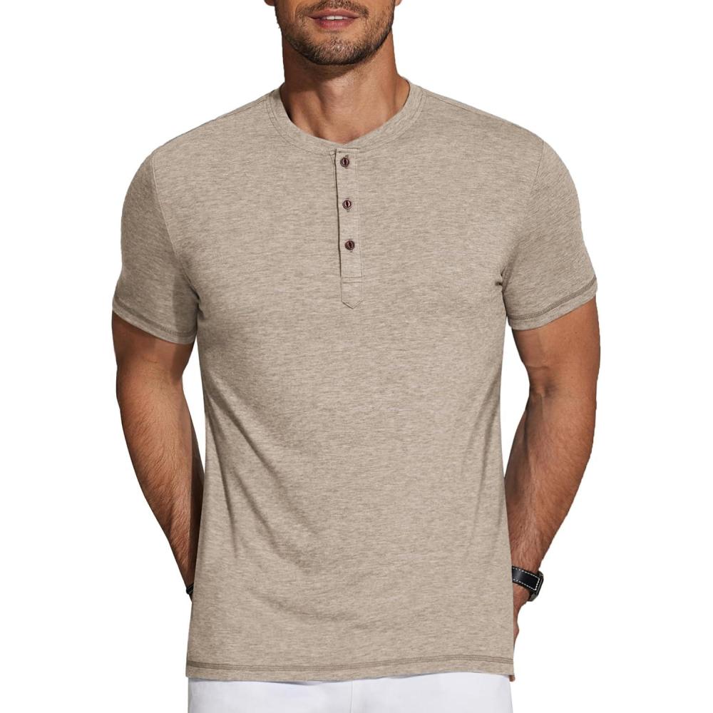imageCOOFANDY Mens Henley Shirts Short Sleeve Casual Basic Tee Summer Button Henley Soild T ShirtsKhaki