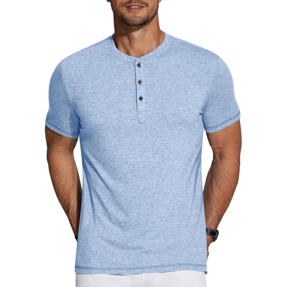 imageCOOFANDY Mens Henley Shirts Short Sleeve Casual Basic Tee Summer Button Henley Soild T ShirtsLight Blue