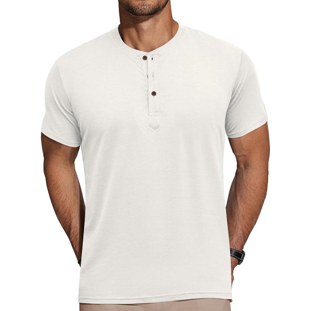 imageCOOFANDY Mens Henley Shirts Short Sleeve Casual Basic Tee Summer Button Henley Soild T ShirtsWhite