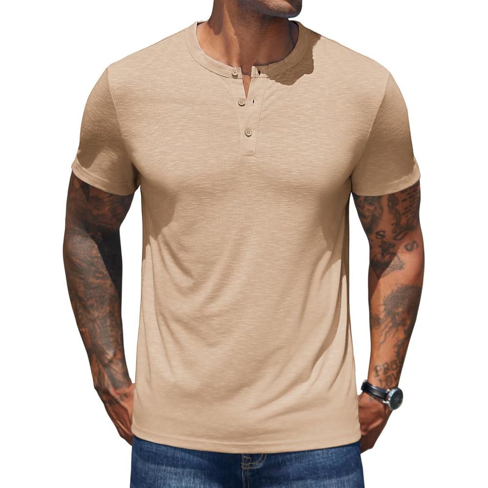 imageCOOFANDY Mens Henley Shirts Short Sleeve Casual Button Down Shirts Lightweight Summer Basic TeeApricot