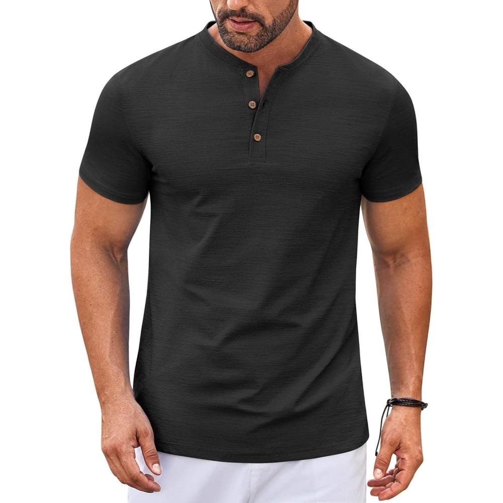 imageCOOFANDY Mens Henley Shirts Short Sleeve Casual Button Down Shirts Lightweight Summer Basic TeeBlack