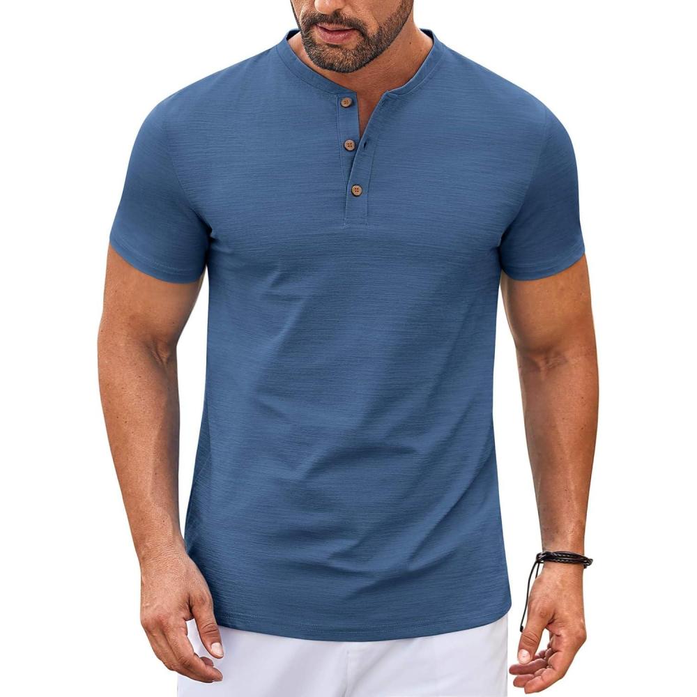 imageCOOFANDY Mens Henley Shirts Short Sleeve Casual Button Down Shirts Lightweight Summer Basic TeeBlue