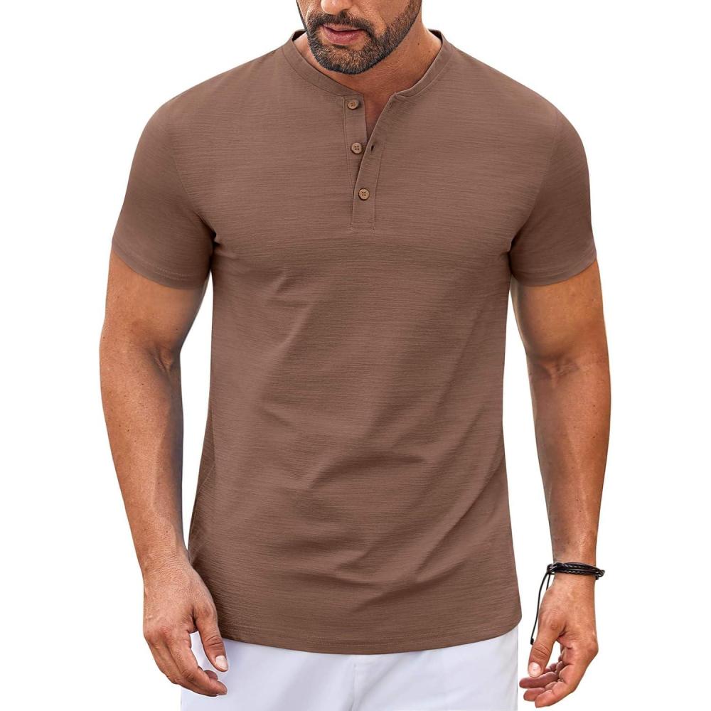 imageCOOFANDY Mens Henley Shirts Short Sleeve Casual Button Down Shirts Lightweight Summer Basic TeeBrown