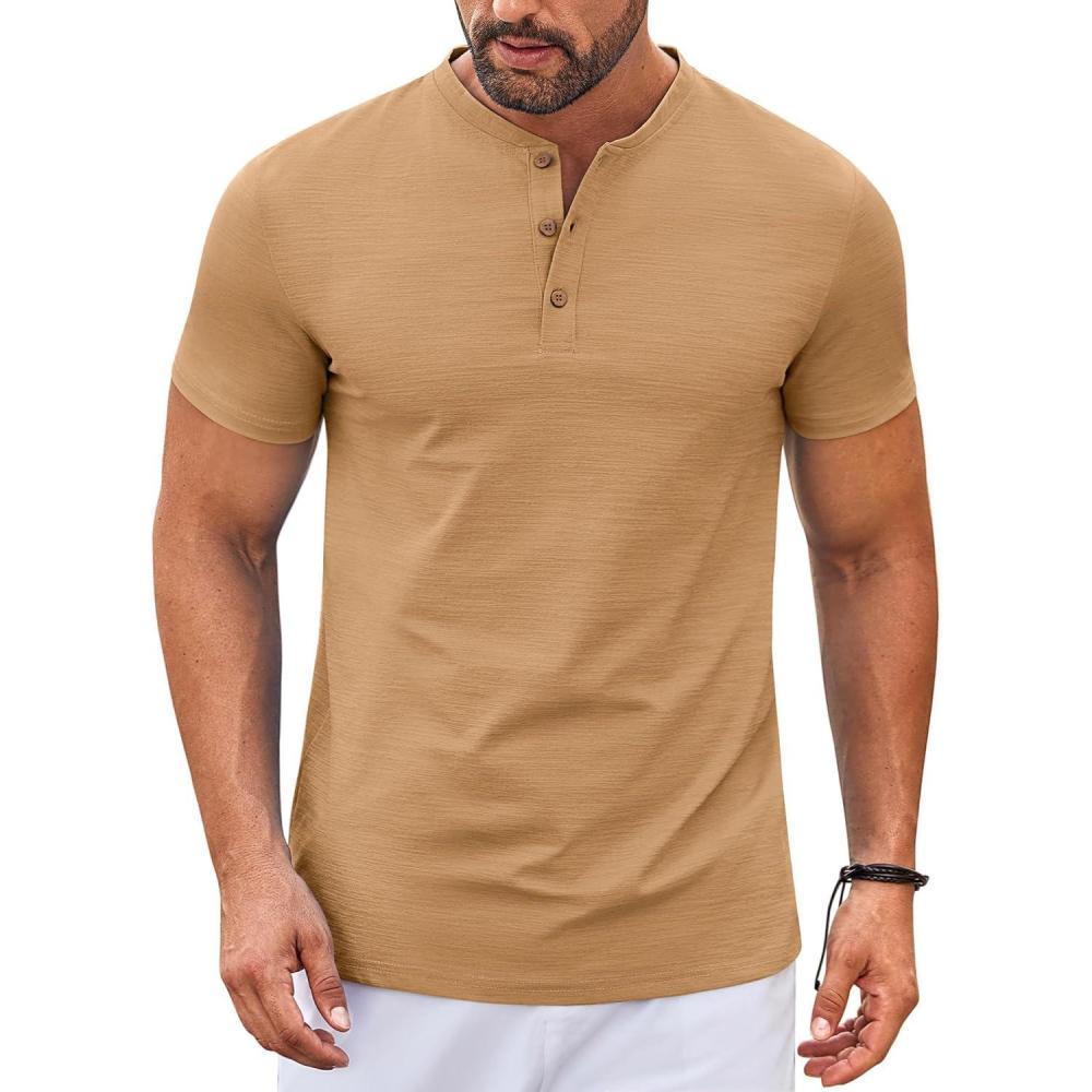 imageCOOFANDY Mens Henley Shirts Short Sleeve Casual Button Down Shirts Lightweight Summer Basic TeeCamel