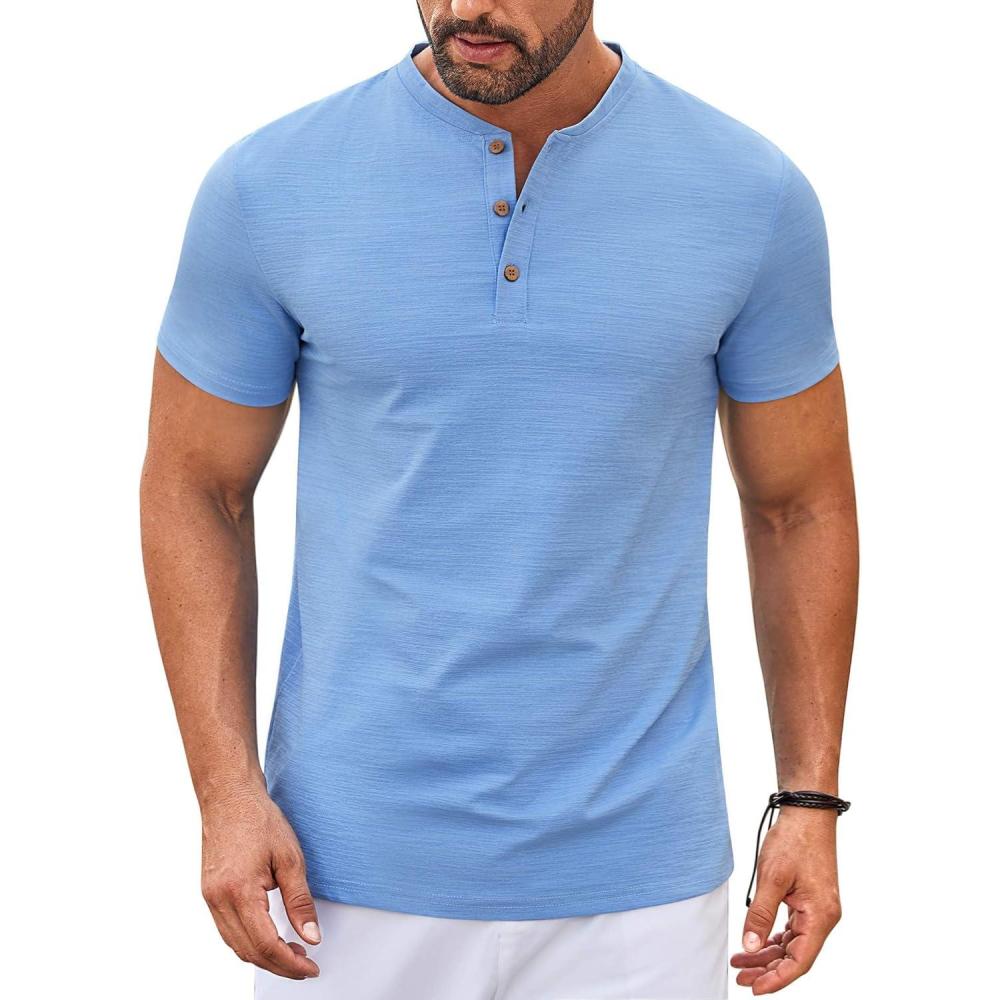 imageCOOFANDY Mens Henley Shirts Short Sleeve Casual Button Down Shirts Lightweight Summer Basic TeeClear Blue