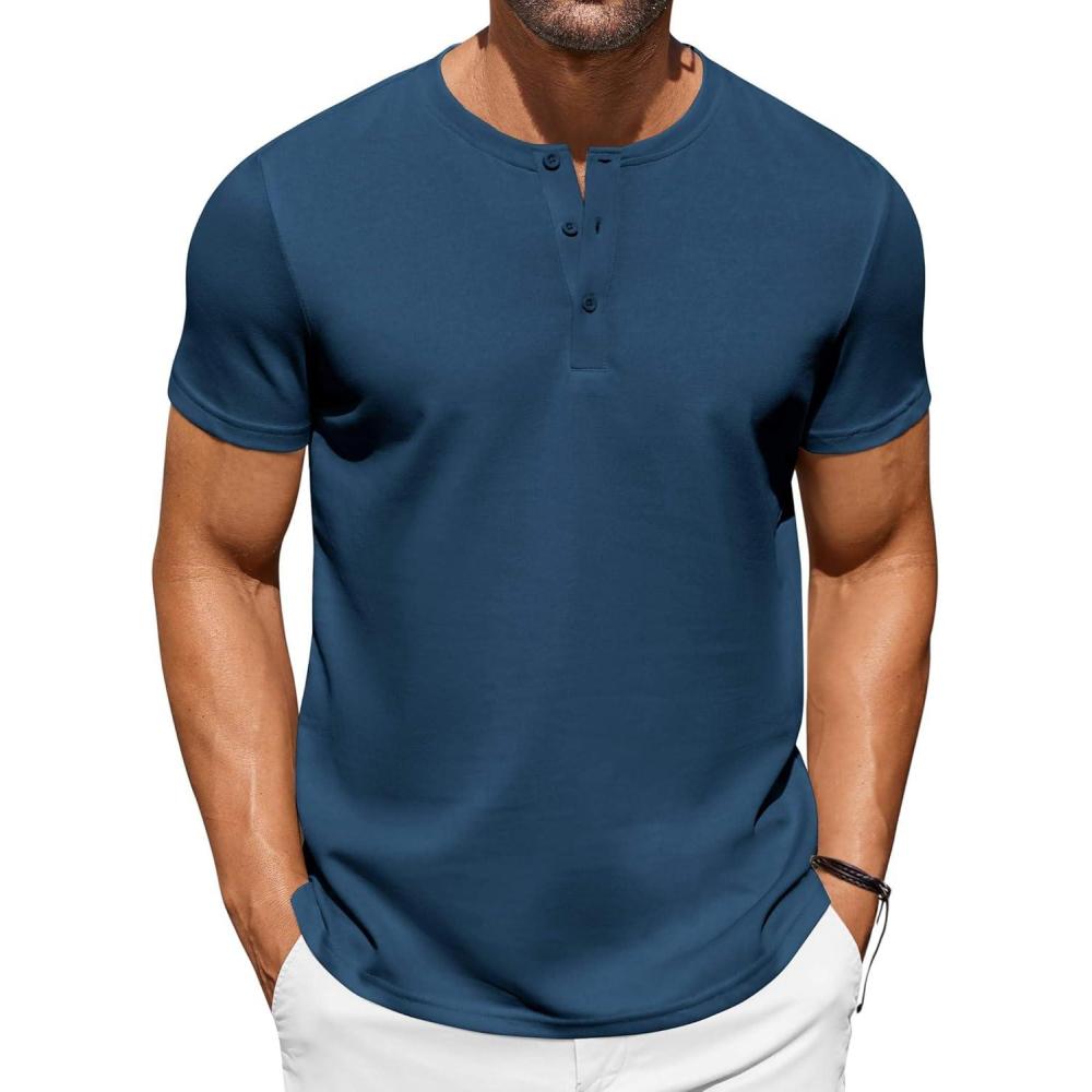 imageCOOFANDY Mens Henley Shirts Short Sleeve Casual Button Down Shirts Lightweight Summer Basic TeeDark Blue