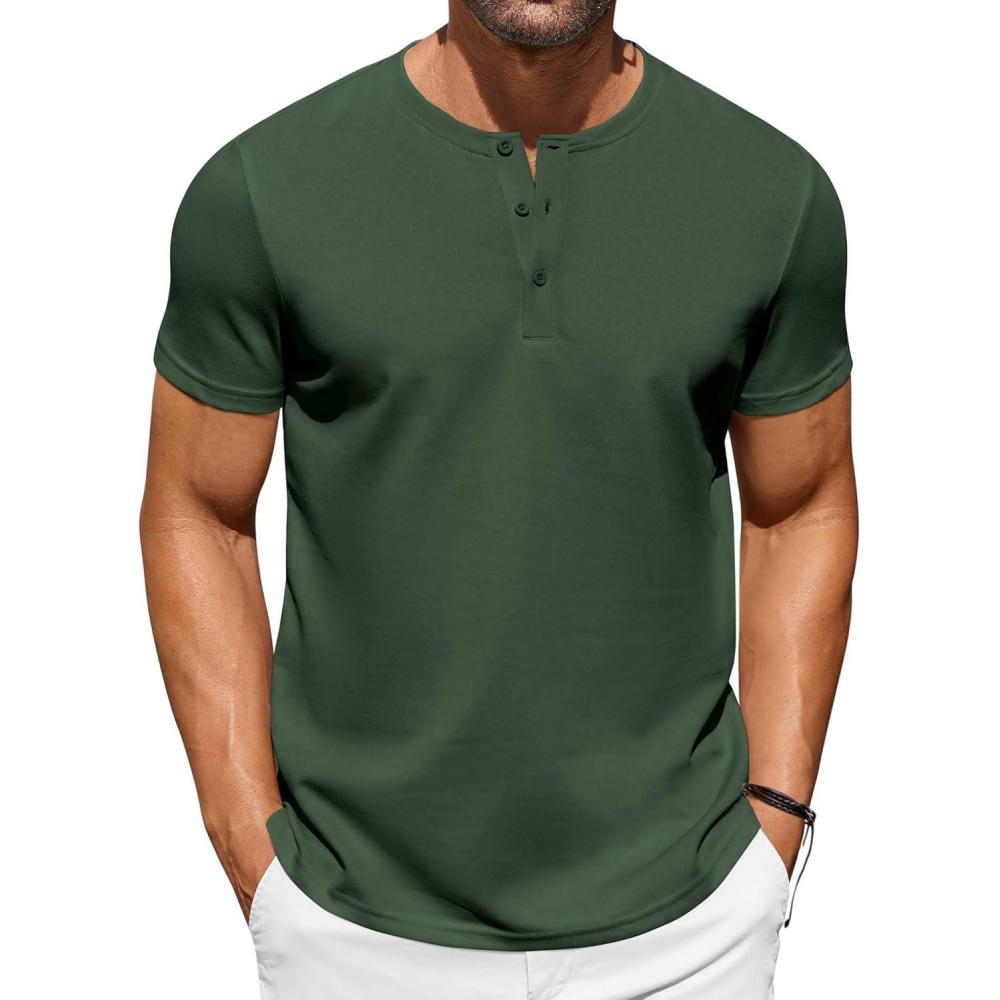imageCOOFANDY Mens Henley Shirts Short Sleeve Casual Button Down Shirts Lightweight Summer Basic TeeDark Green