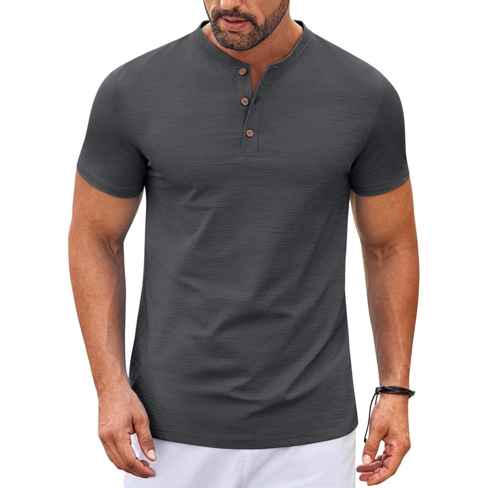 imageCOOFANDY Mens Henley Shirts Short Sleeve Casual Button Down Shirts Lightweight Summer Basic TeeDark Grey