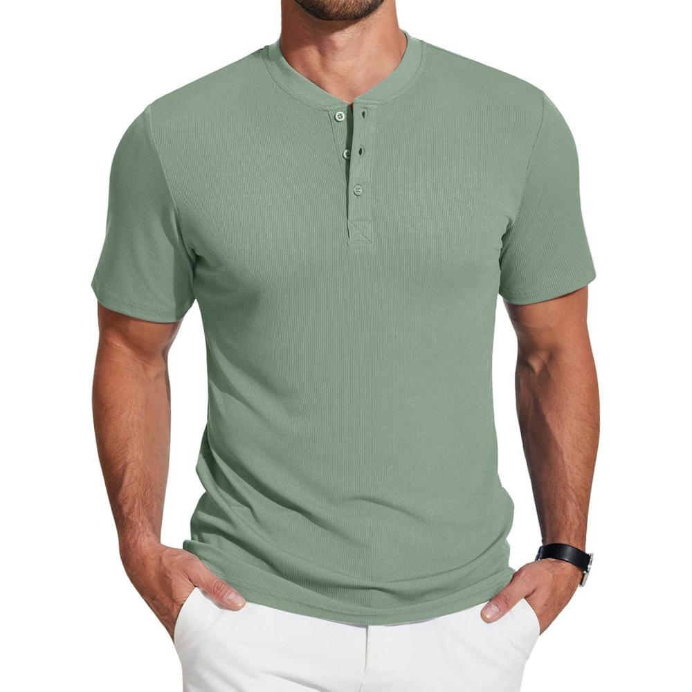 imageCOOFANDY Mens Henley Shirts Short Sleeve Casual Button Down Shirts Lightweight Summer Basic TeeGray Green