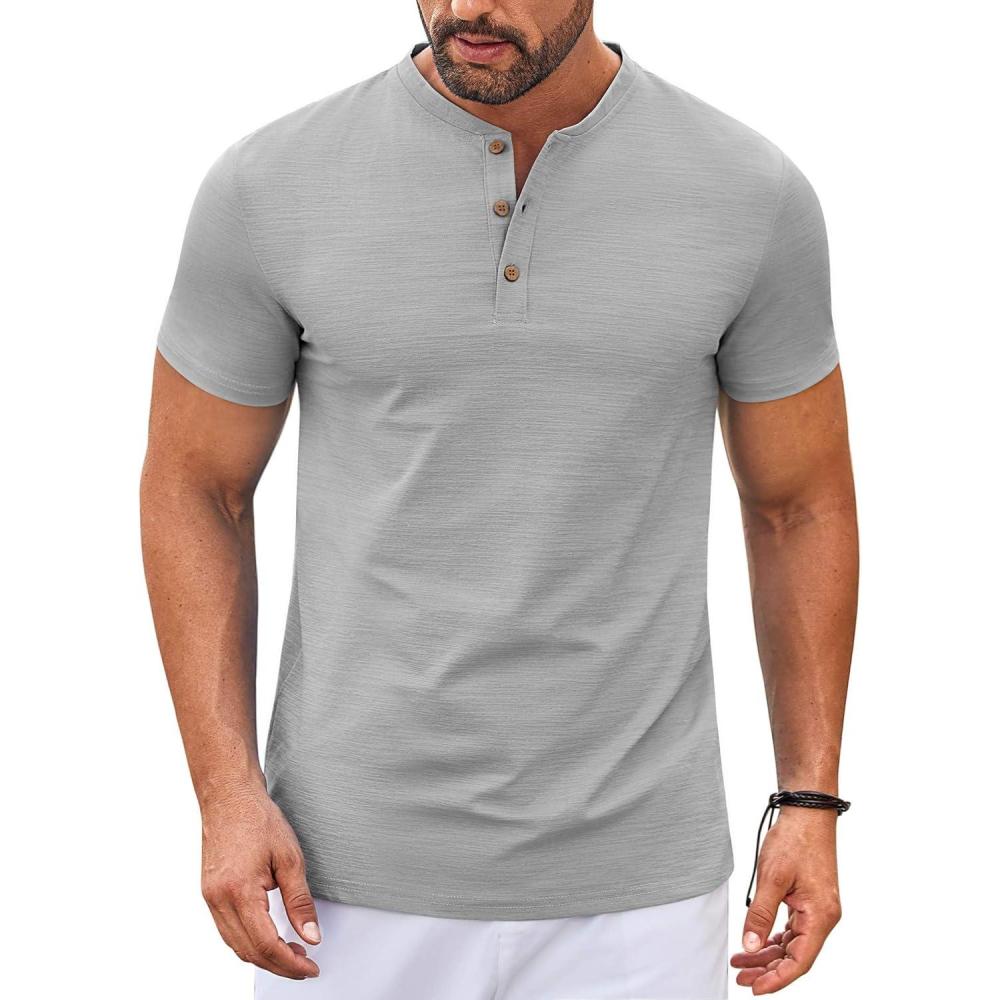 imageCOOFANDY Mens Henley Shirts Short Sleeve Casual Button Down Shirts Lightweight Summer Basic TeeGrey