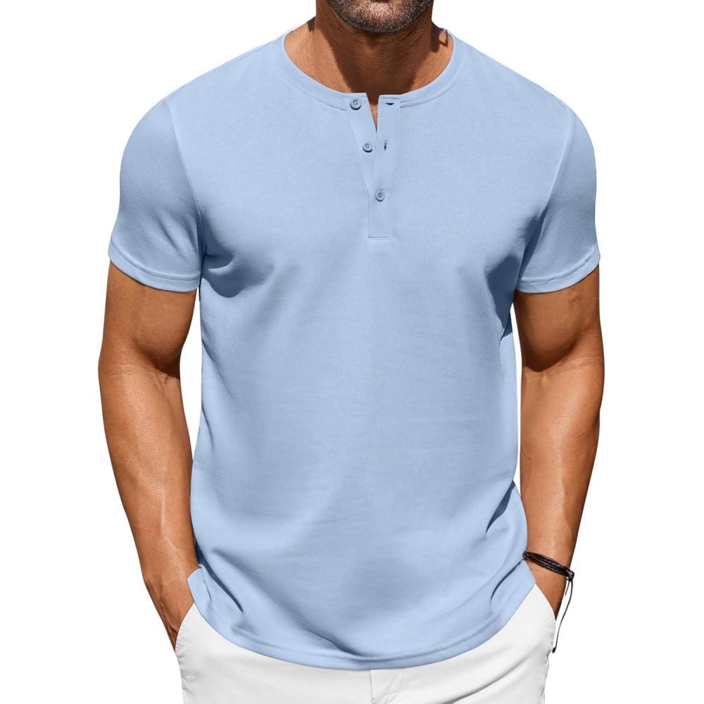 imageCOOFANDY Mens Henley Shirts Short Sleeve Casual Button Down Shirts Lightweight Summer Basic TeeLight Blue