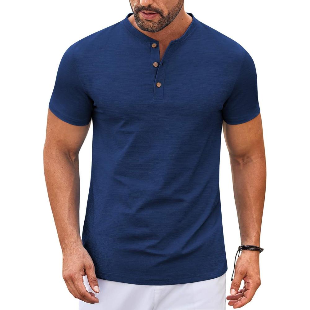 imageCOOFANDY Mens Henley Shirts Short Sleeve Casual Button Down Shirts Lightweight Summer Basic TeeNavy Blue