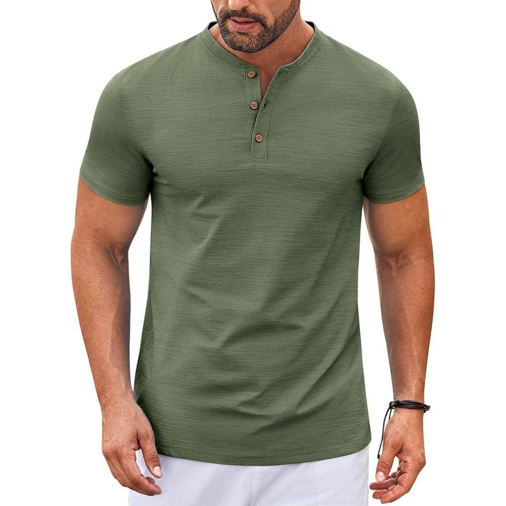 imageCOOFANDY Mens Henley Shirts Short Sleeve Casual Button Down Shirts Lightweight Summer Basic TeeOlive Green