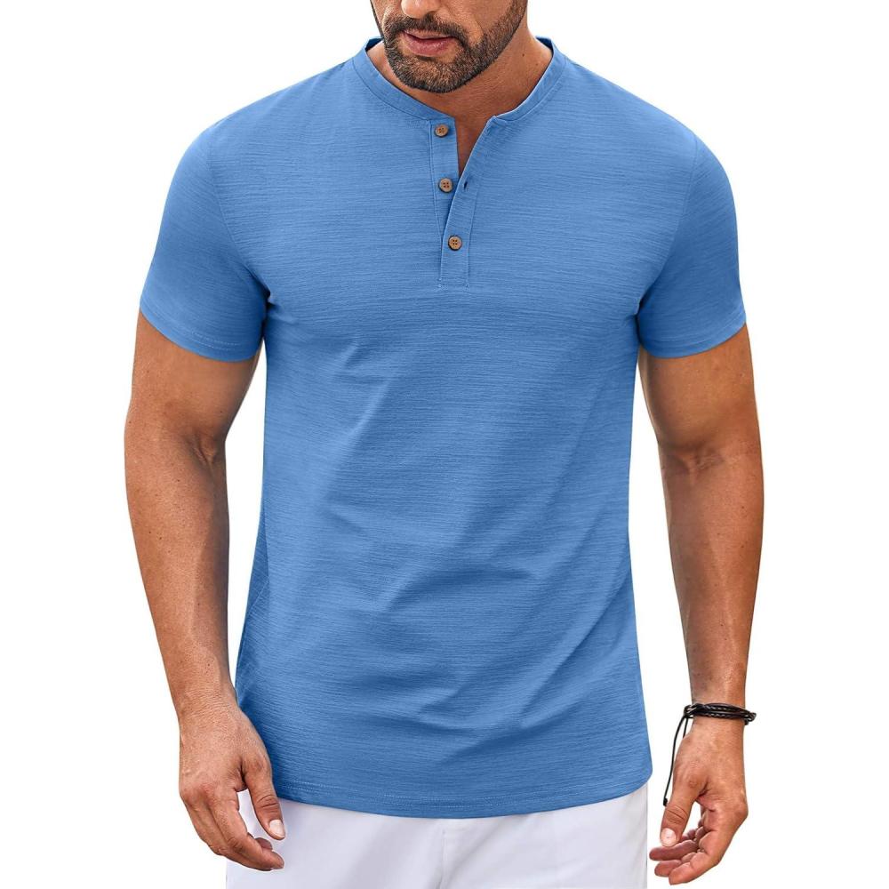 imageCOOFANDY Mens Henley Shirts Short Sleeve Casual Button Down Shirts Lightweight Summer Basic TeeSky Blue