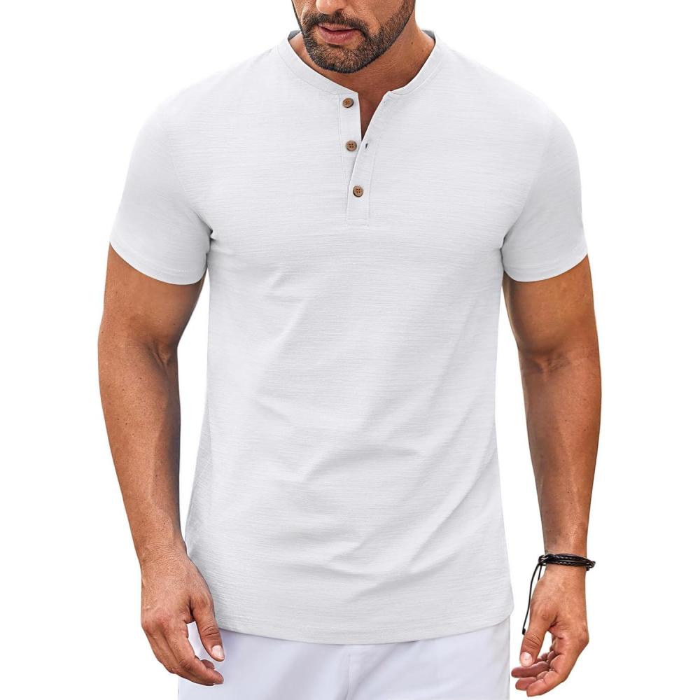 imageCOOFANDY Mens Henley Shirts Short Sleeve Casual Button Down Shirts Lightweight Summer Basic TeeWhite