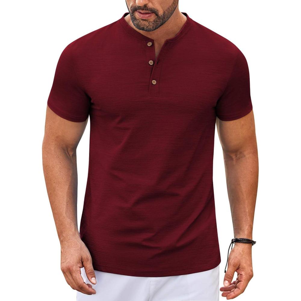 imageCOOFANDY Mens Henley Shirts Short Sleeve Casual Button Down Shirts Lightweight Summer Basic TeeWine Red