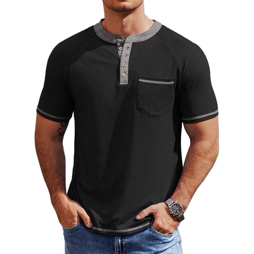 imageCOOFANDY Mens Henley Shirts Short Sleeve Casual Button TShirts Basic Tee Shirts Summer Vintage T Shirts with PocketBlack