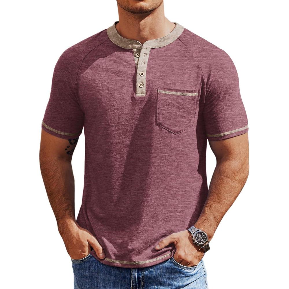 imageCOOFANDY Mens Henley Shirts Short Sleeve Casual Button TShirts Basic Tee Shirts Summer Vintage T Shirts with PocketDark Red