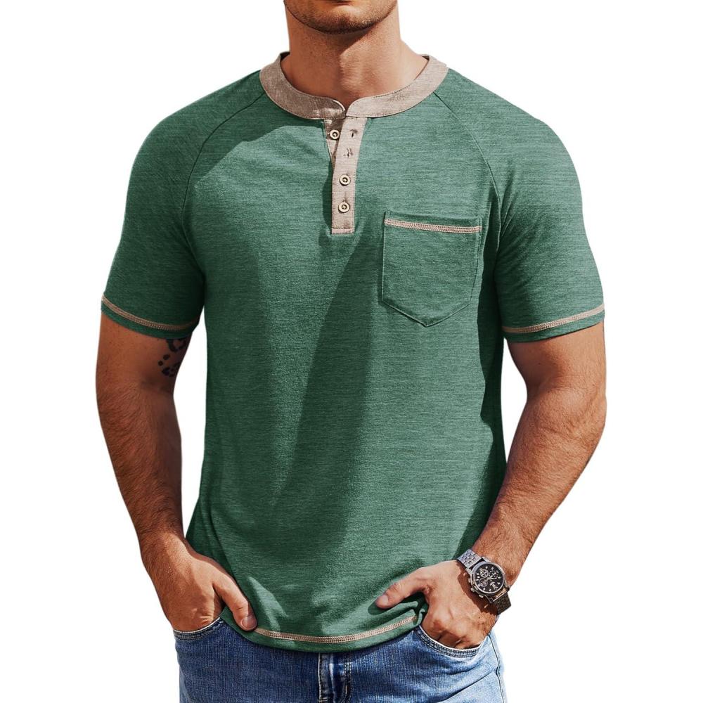imageCOOFANDY Mens Henley Shirts Short Sleeve Casual Button TShirts Basic Tee Shirts Summer Vintage T Shirts with PocketGreen