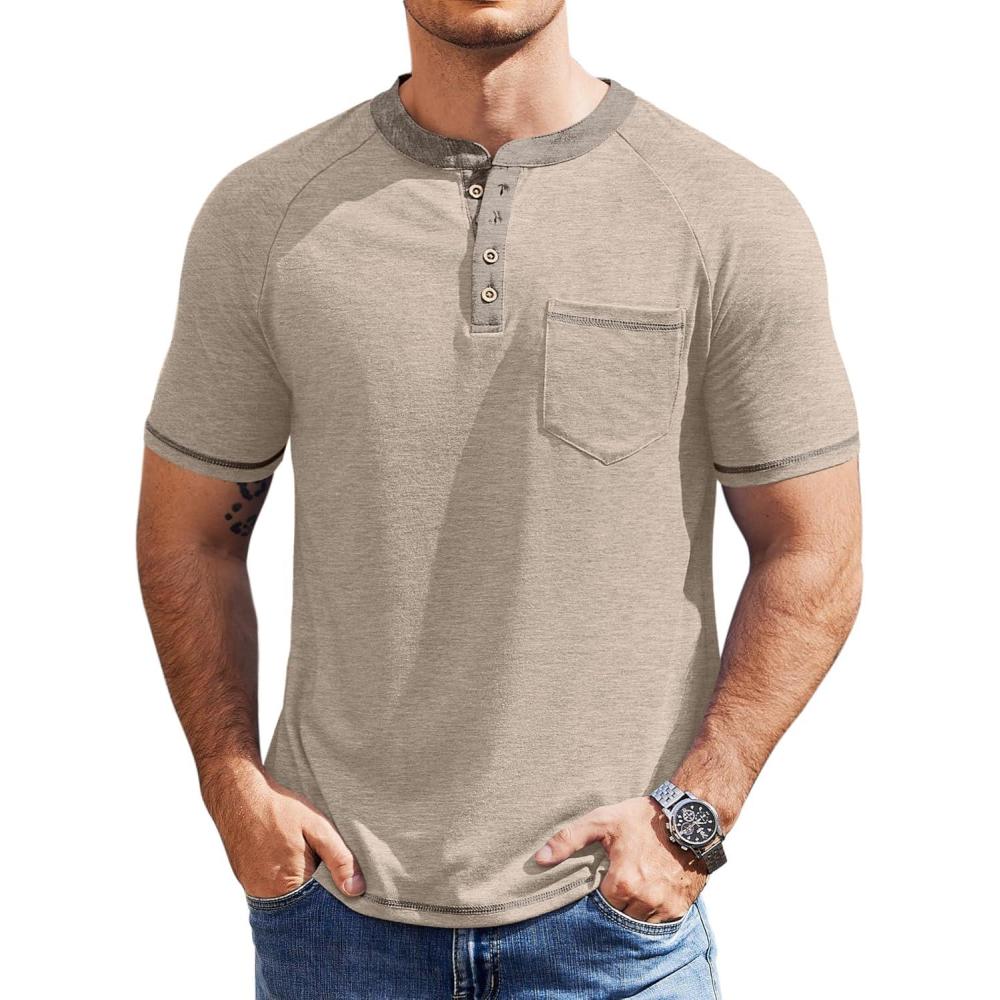 imageCOOFANDY Mens Henley Shirts Short Sleeve Casual Button TShirts Basic Tee Shirts Summer Vintage T Shirts with PocketKhaki