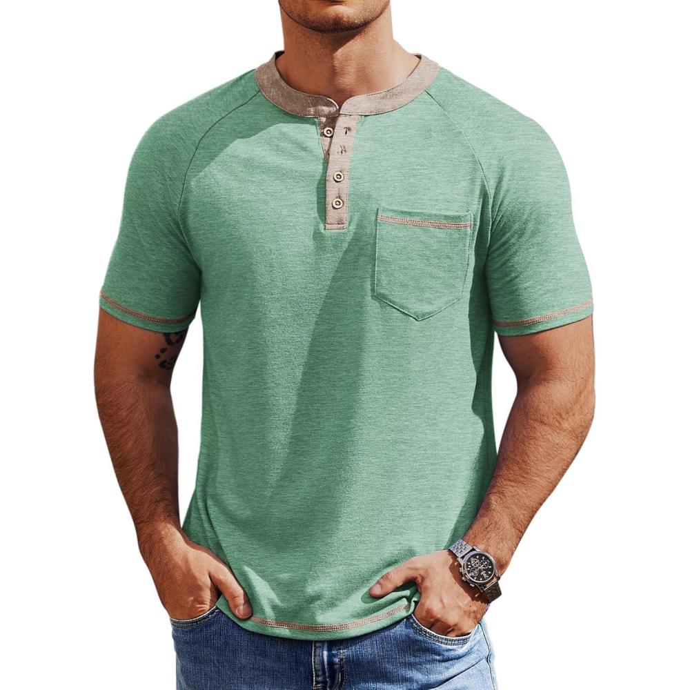 imageCOOFANDY Mens Henley Shirts Short Sleeve Casual Button TShirts Basic Tee Shirts Summer Vintage T Shirts with PocketLight Green