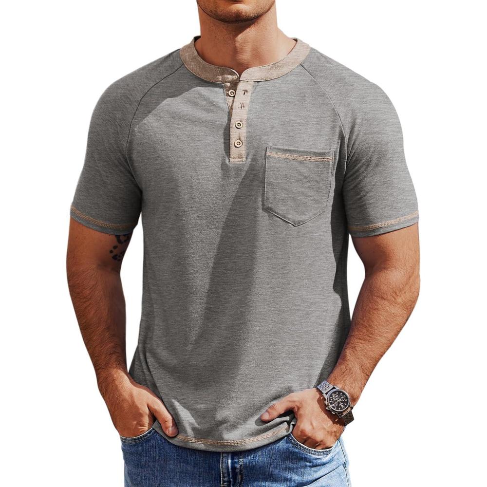 imageCOOFANDY Mens Henley Shirts Short Sleeve Casual Button TShirts Basic Tee Shirts Summer Vintage T Shirts with PocketLight Grey