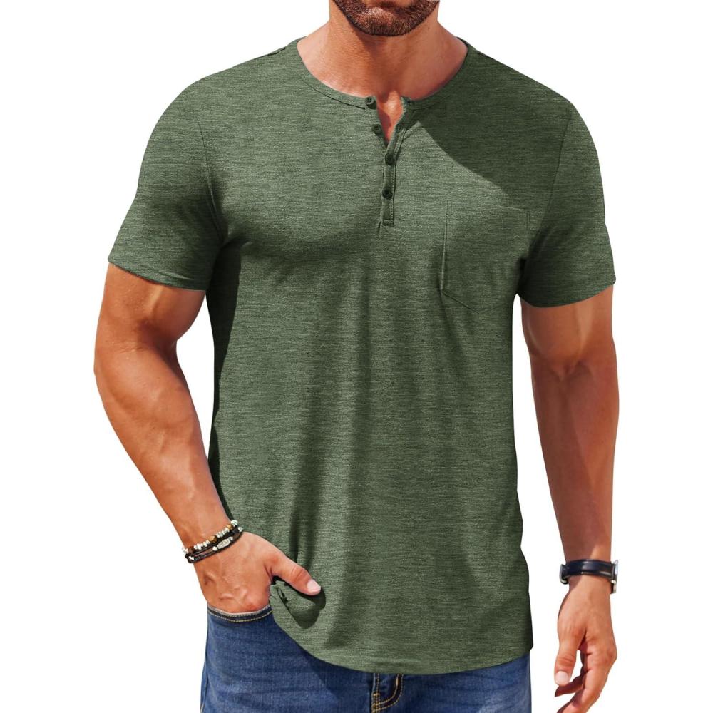 imageCOOFANDY Mens Henley Shirts Short Sleeve Casual T Shirt Plain Slim Fit Henley Stylish Summer Tee Shirts with PocketArmy Green
