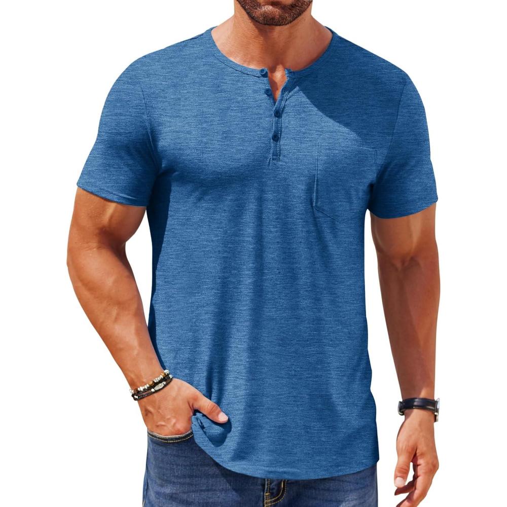 imageCOOFANDY Mens Henley Shirts Short Sleeve Casual T Shirt Plain Slim Fit Henley Stylish Summer Tee Shirts with PocketBlue