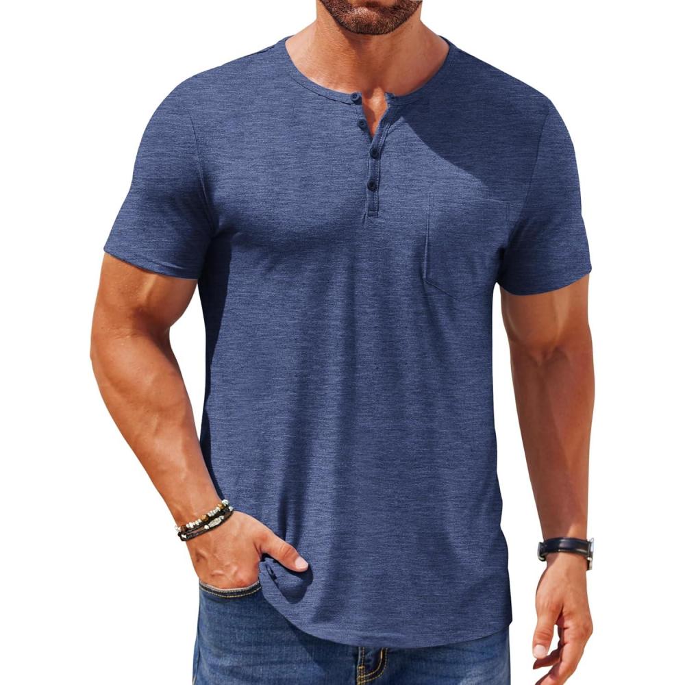 imageCOOFANDY Mens Henley Shirts Short Sleeve Casual T Shirt Plain Slim Fit Henley Stylish Summer Tee Shirts with PocketBlue2
