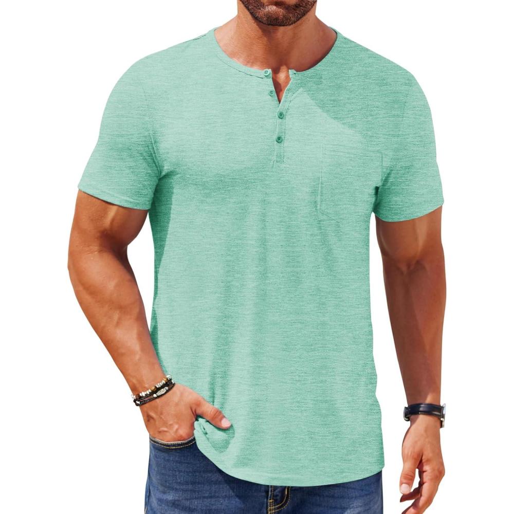 imageCOOFANDY Mens Henley Shirts Short Sleeve Casual T Shirt Plain Slim Fit Henley Stylish Summer Tee Shirts with PocketIce Green