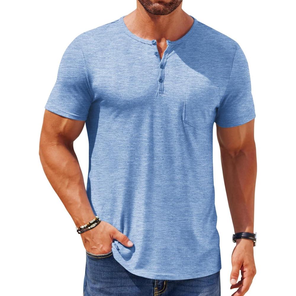 imageCOOFANDY Mens Henley Shirts Short Sleeve Casual T Shirt Plain Slim Fit Henley Stylish Summer Tee Shirts with PocketLight Blue