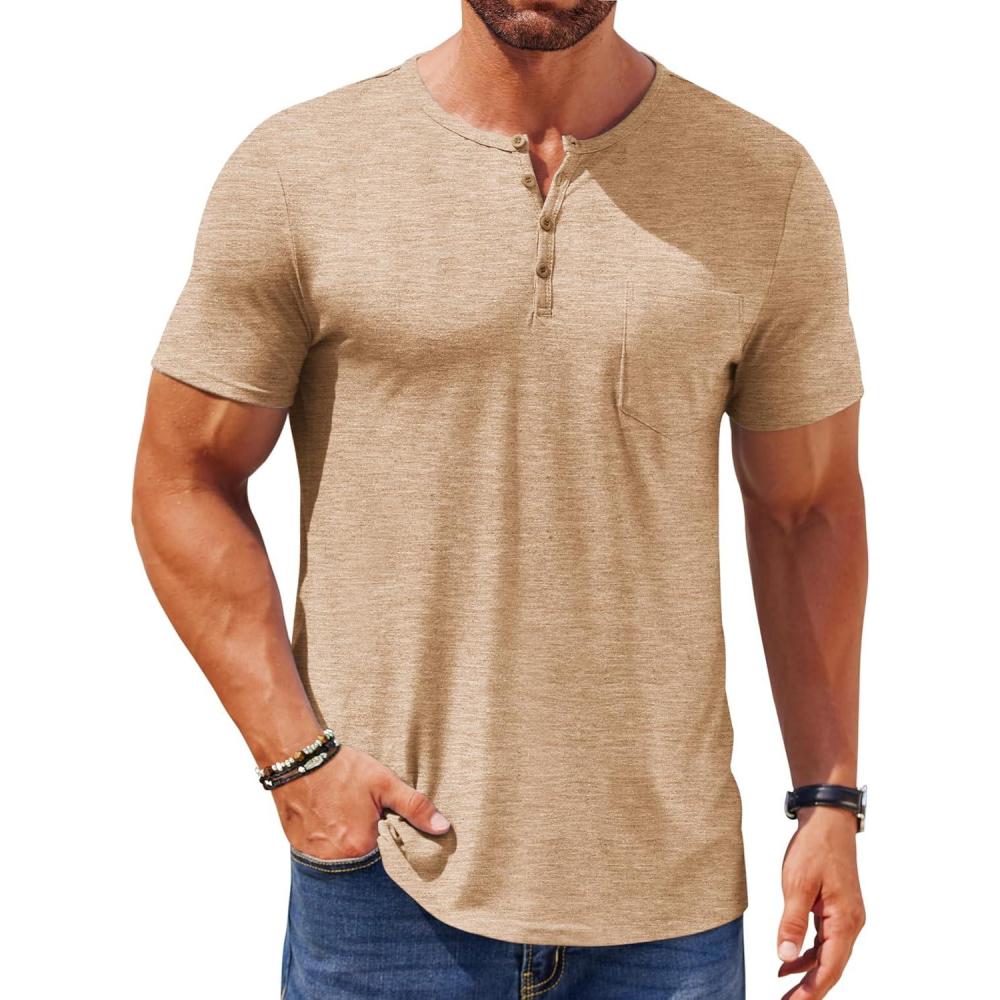 imageCOOFANDY Mens Henley Shirts Short Sleeve Casual T Shirt Plain Slim Fit Henley Stylish Summer Tee Shirts with PocketLight Khaki