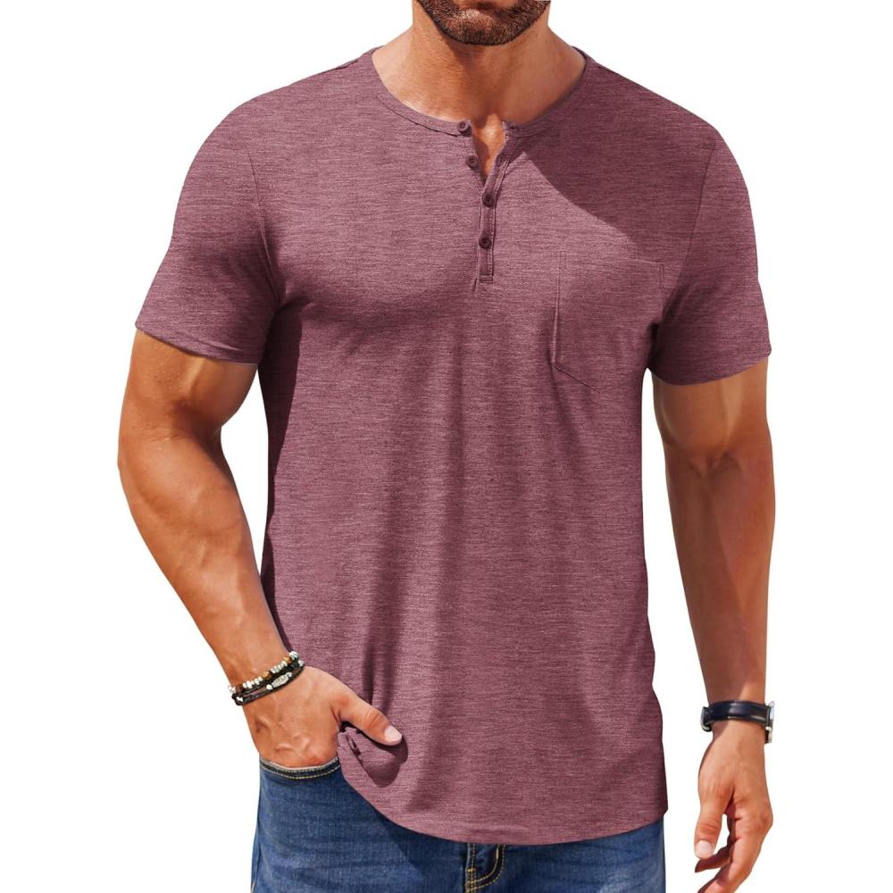imageCOOFANDY Mens Henley Shirts Short Sleeve Casual T Shirt Plain Slim Fit Henley Stylish Summer Tee Shirts with PocketWine Red