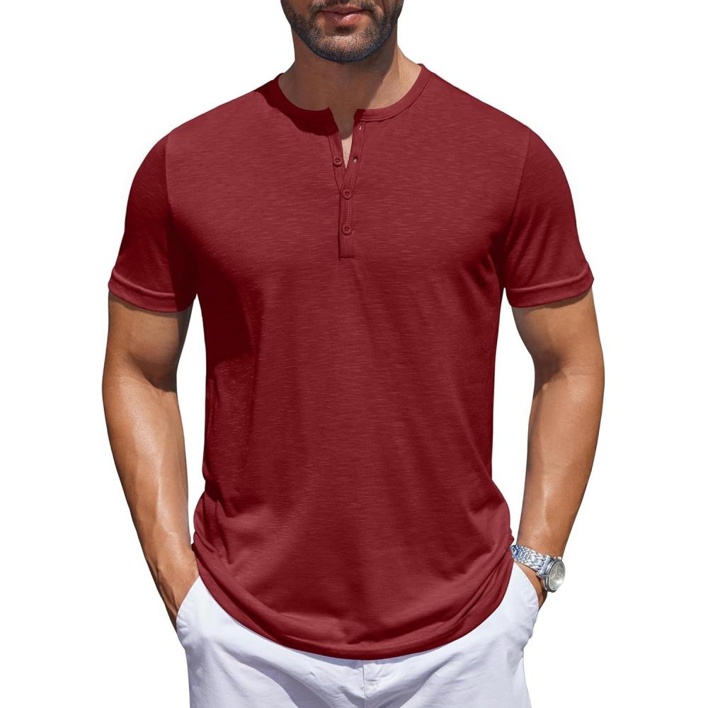 imageCOOFANDY Mens Henley Shirts Short Sleeve Collarless Button TShirt Fashion Casual Basic Tee TopsWine Red