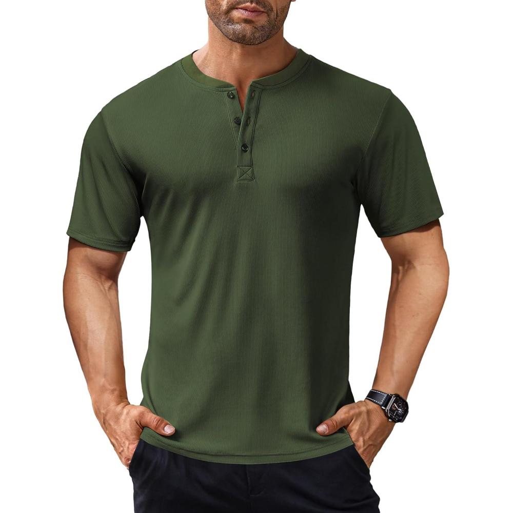 imageCOOFANDY Mens Henley Shirts Short Sleeve Ribbed TShirts Bodybuilding Workout Tee ShirtsArmy Green