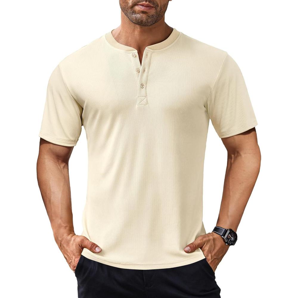 imageCOOFANDY Mens Henley Shirts Short Sleeve Ribbed TShirts Bodybuilding Workout Tee ShirtsBeige
