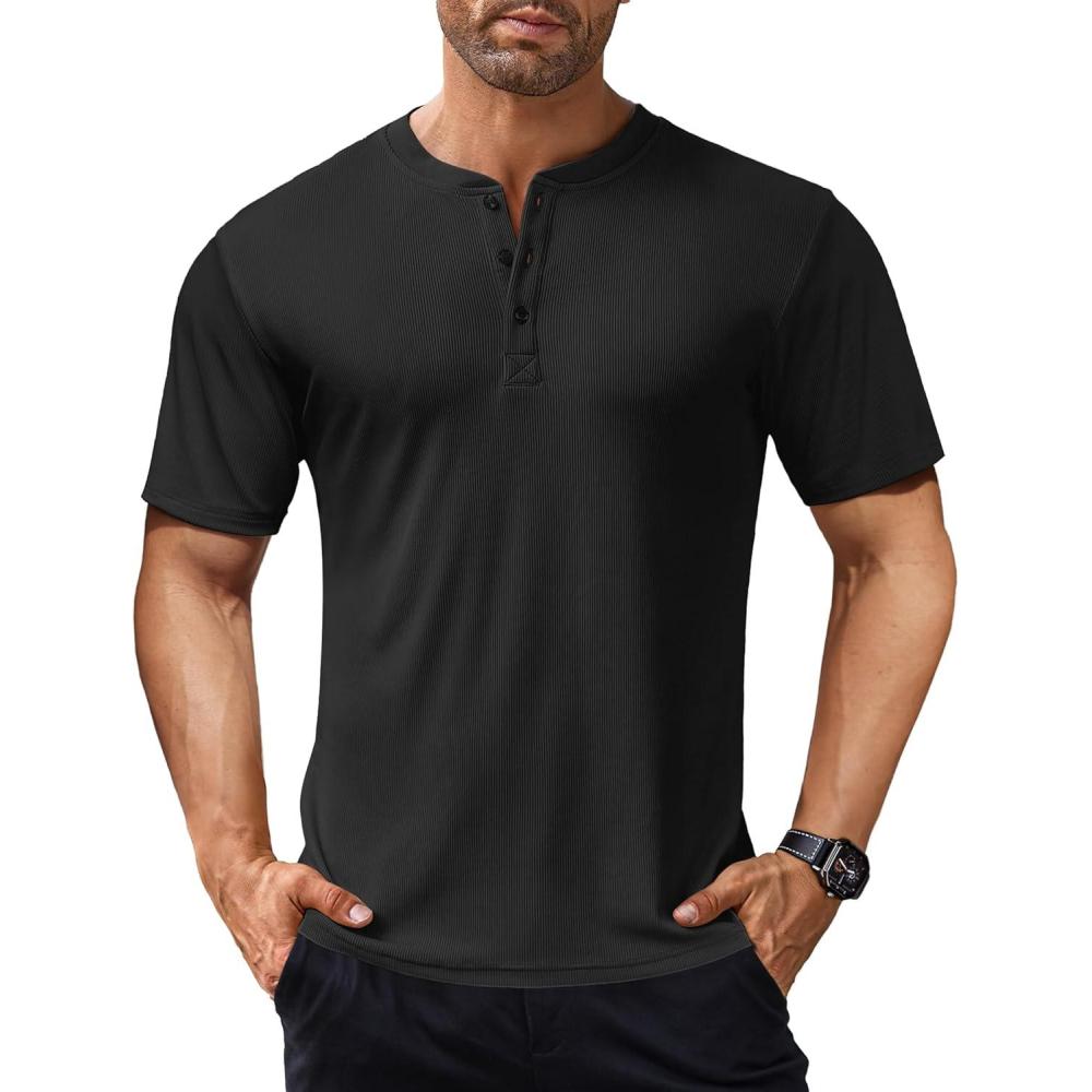 imageCOOFANDY Mens Henley Shirts Short Sleeve Ribbed TShirts Bodybuilding Workout Tee ShirtsBlack