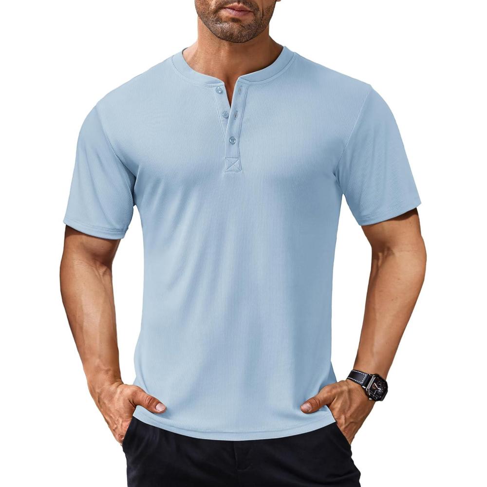 imageCOOFANDY Mens Henley Shirts Short Sleeve Ribbed TShirts Bodybuilding Workout Tee ShirtsLight Blue