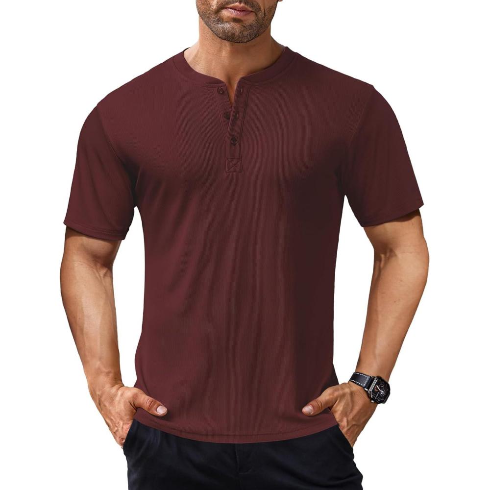 imageCOOFANDY Mens Henley Shirts Short Sleeve Ribbed TShirts Bodybuilding Workout Tee ShirtsWine Red