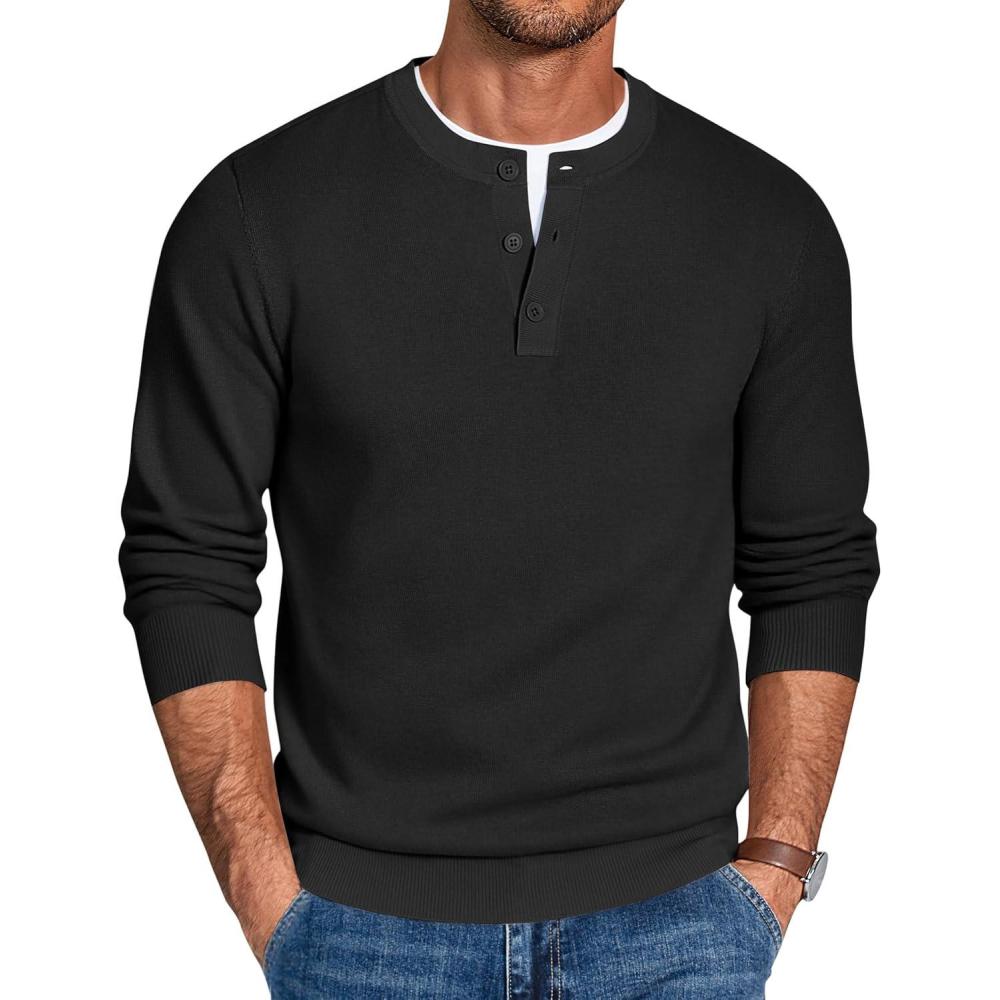 imageCOOFANDY Mens Henley Sweater Long Sleeve Quarter Button Sweaters Casual Knit Pullover SweaterBlack