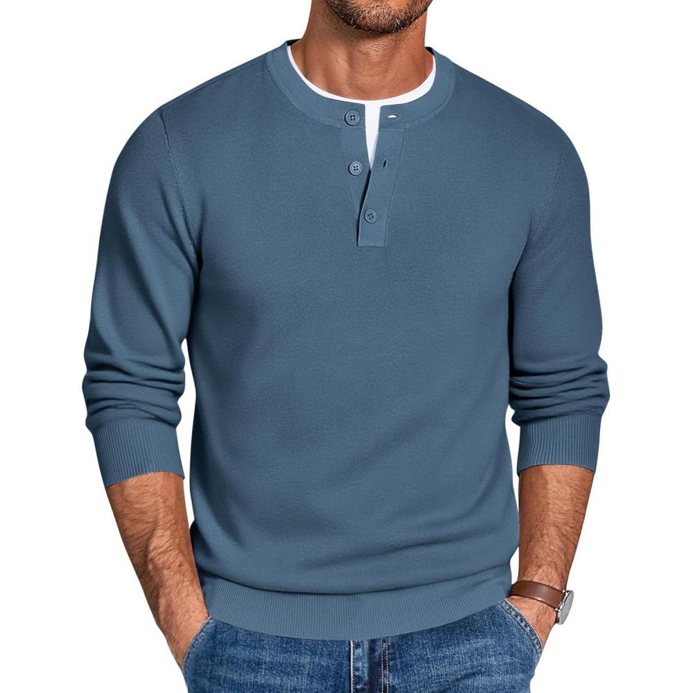 imageCOOFANDY Mens Henley Sweater Long Sleeve Quarter Button Sweaters Casual Knit Pullover SweaterBlue