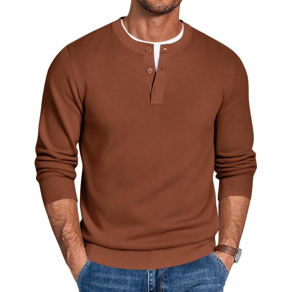 imageCOOFANDY Mens Henley Sweater Long Sleeve Quarter Button Sweaters Casual Knit Pullover SweaterCaramel