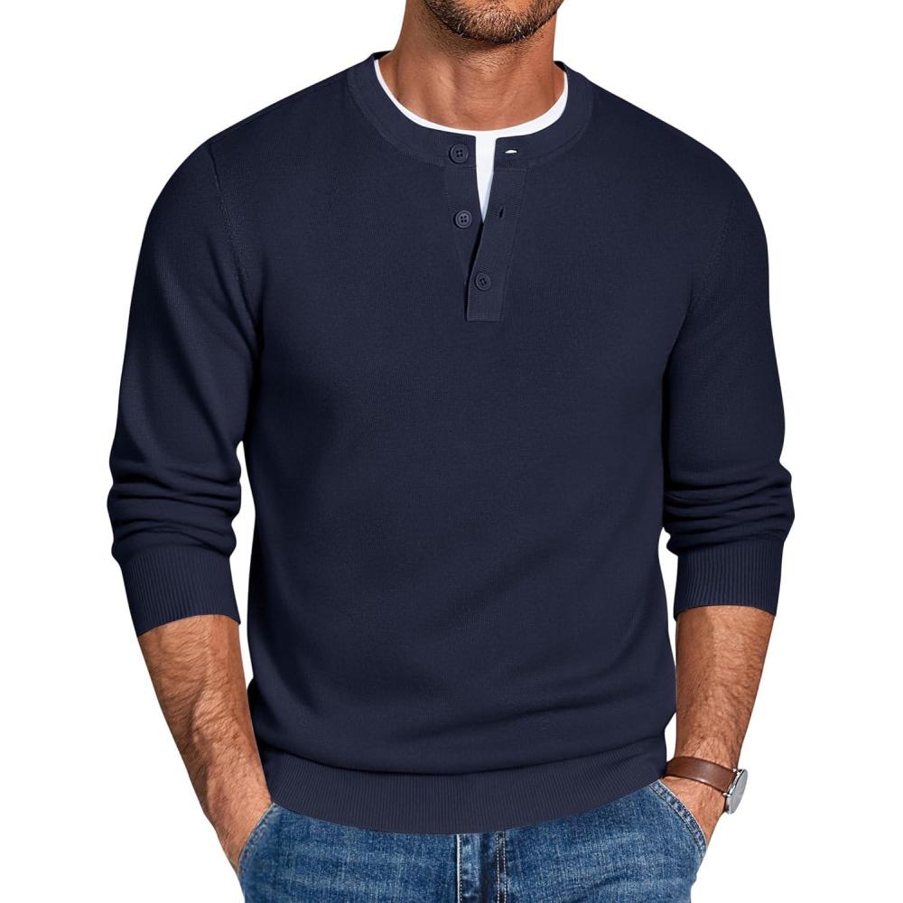 imageCOOFANDY Mens Henley Sweater Long Sleeve Quarter Button Sweaters Casual Knit Pullover SweaterDark Navy Blue