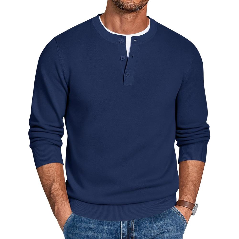 imageCOOFANDY Mens Henley Sweater Long Sleeve Quarter Button Sweaters Casual Knit Pullover SweaterNavy Blue