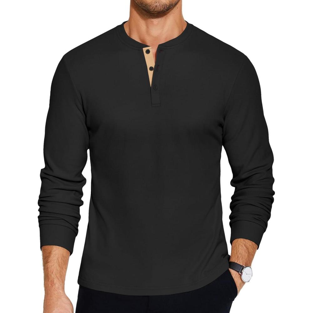 imageCOOFANDY Mens Henley TShirts Long Sleeve Pullover Shirt Casual Heavyweight Button Shirts Basic TeesBlack  Khaki