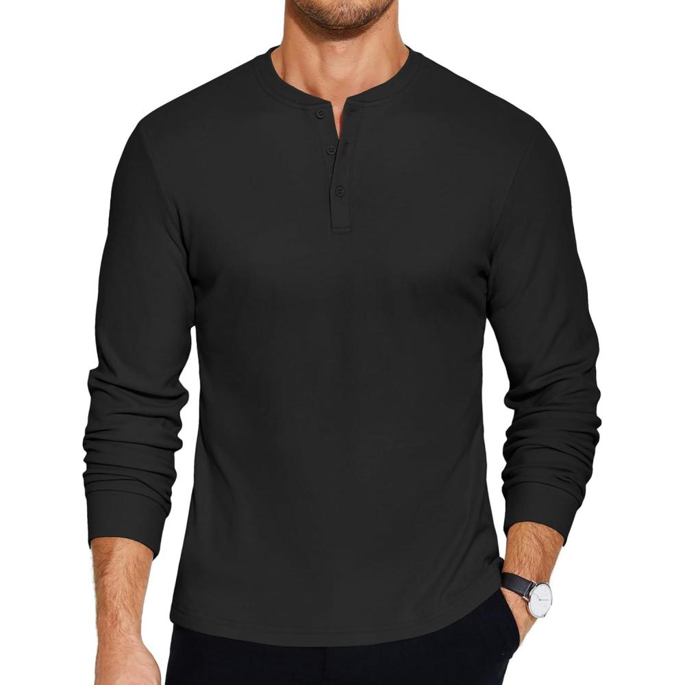imageCOOFANDY Mens Henley TShirts Long Sleeve Pullover Shirt Casual Heavyweight Button Shirts Basic TeesBlack